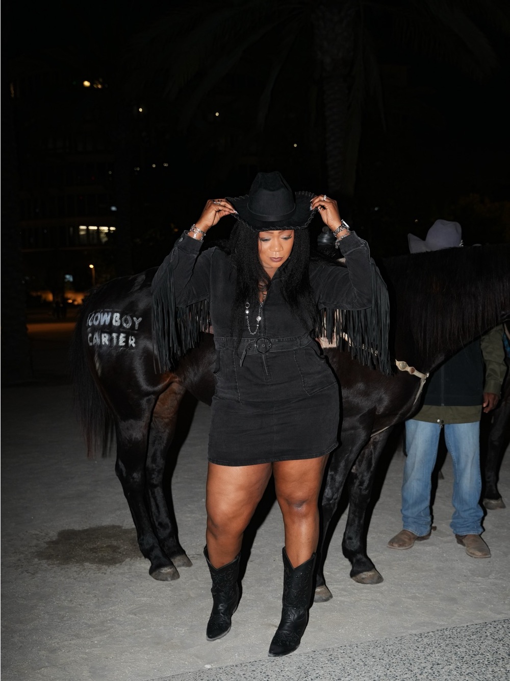 Idyllwild Black Fringe-Sleeve Denim Dress with Belt